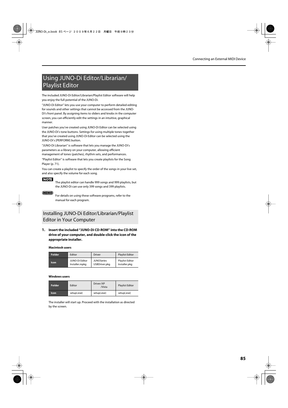 Using juno-di editor/librarian/ playlist editor, Using juno-di editor/librarian/playlist editor | Roland JUNO-Di User Manual | Page 85 / 136