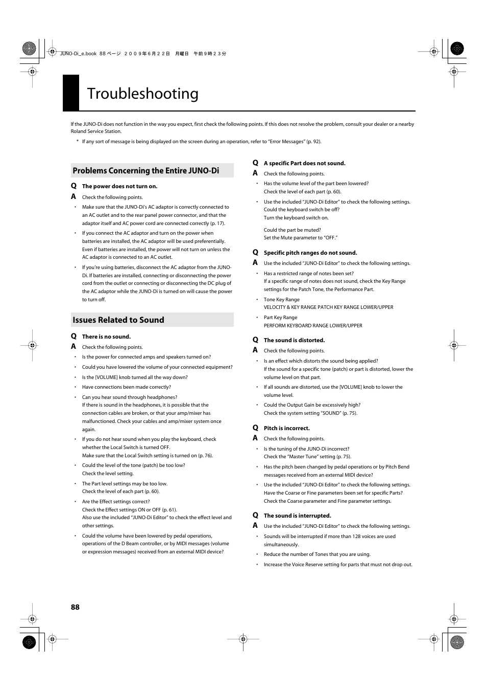 Troubleshooting | Roland JUNO-Di User Manual | Page 88 / 136