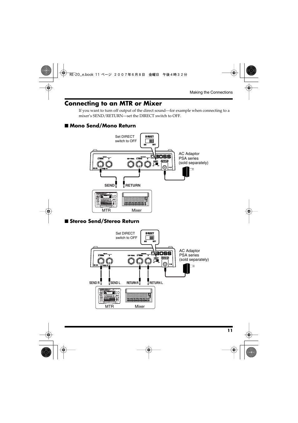 Connecting to an mtr or mixer, Mono send/mono return, Stereo send/stereo return | Roland RE-20 User Manual | Page 11 / 24