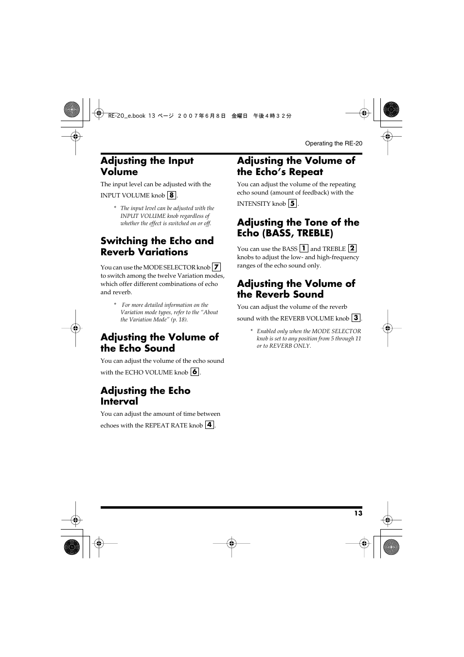 Adjusting the input volume, Switching the echo and reverb variations, Adjusting the volume of the echo sound | Adjusting the echo interval, Adjusting the volume of the echo’s repeat, Adjusting the tone of the echo (bass, treble), Adjusting the volume of the reverb sound | Roland RE-20 User Manual | Page 13 / 24