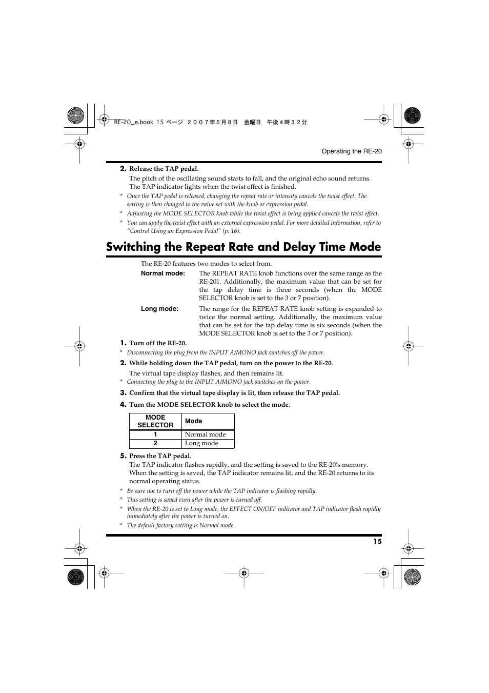 Switching the repeat rate and delay time mode | Roland RE-20 User Manual | Page 15 / 24