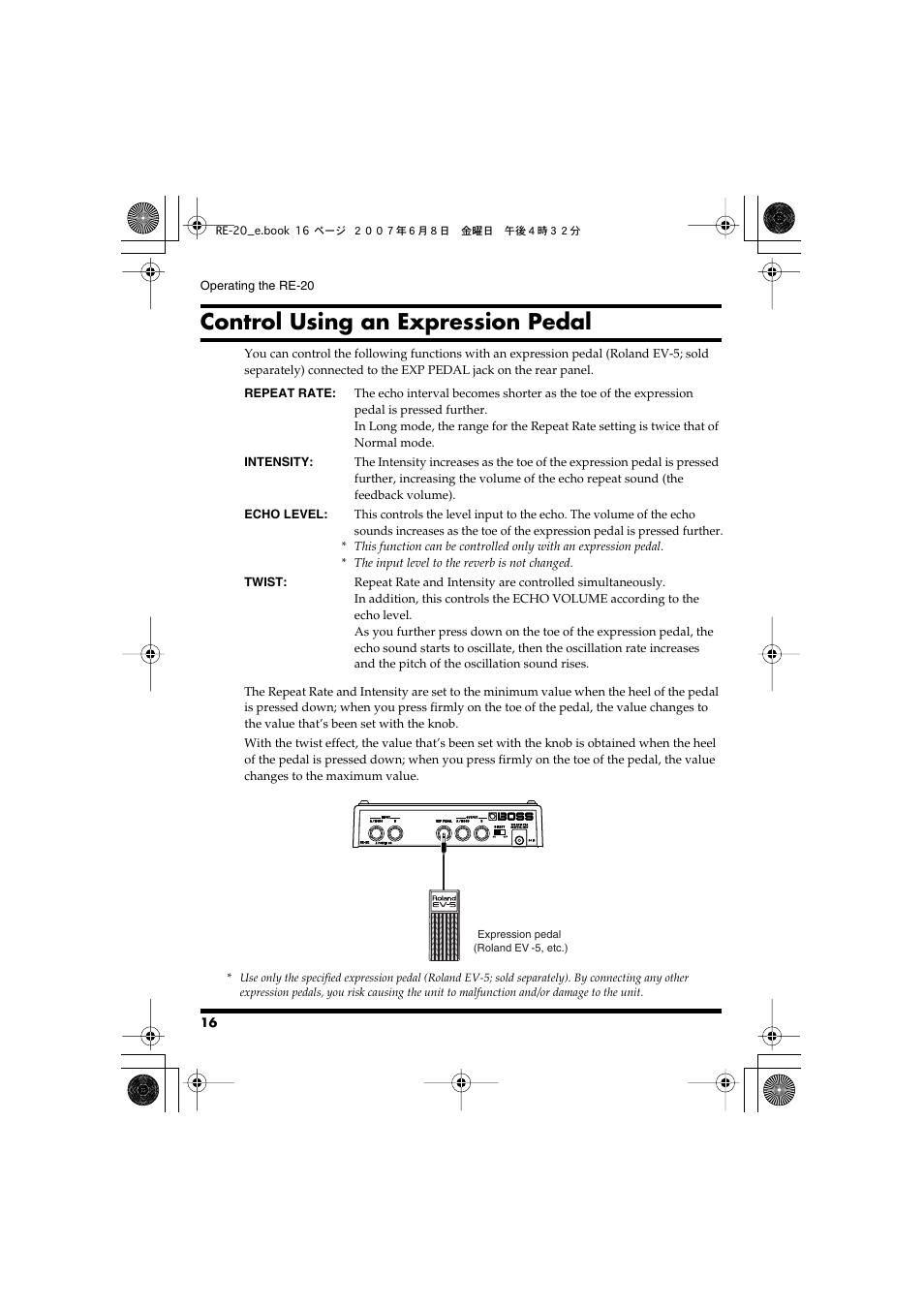 Control using an expression pedal | Roland RE-20 User Manual | Page 16 / 24