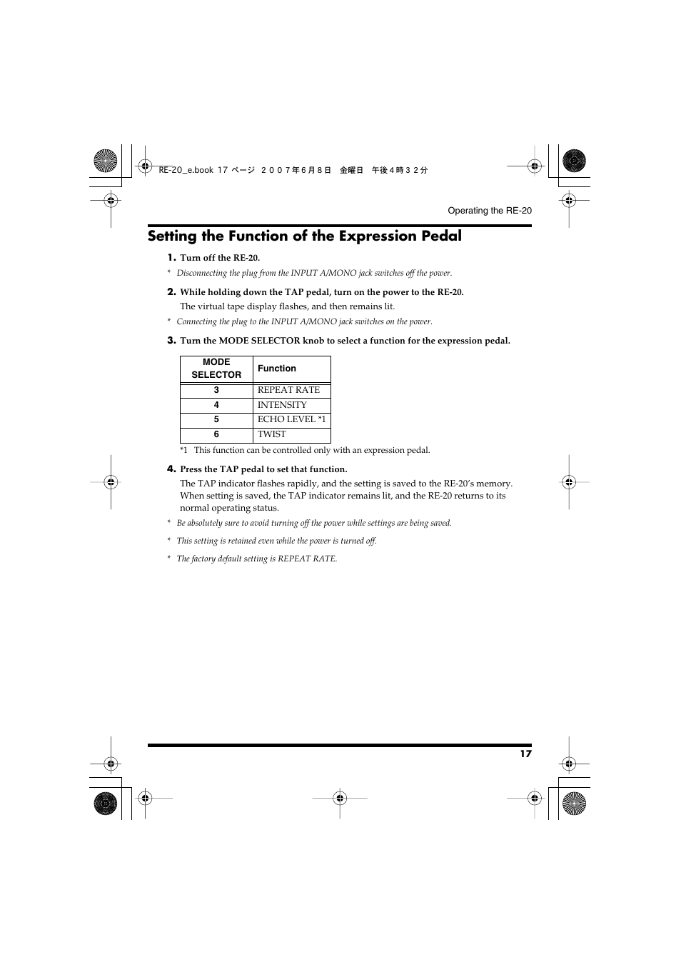 Setting the function of the expression pedal | Roland RE-20 User Manual | Page 17 / 24