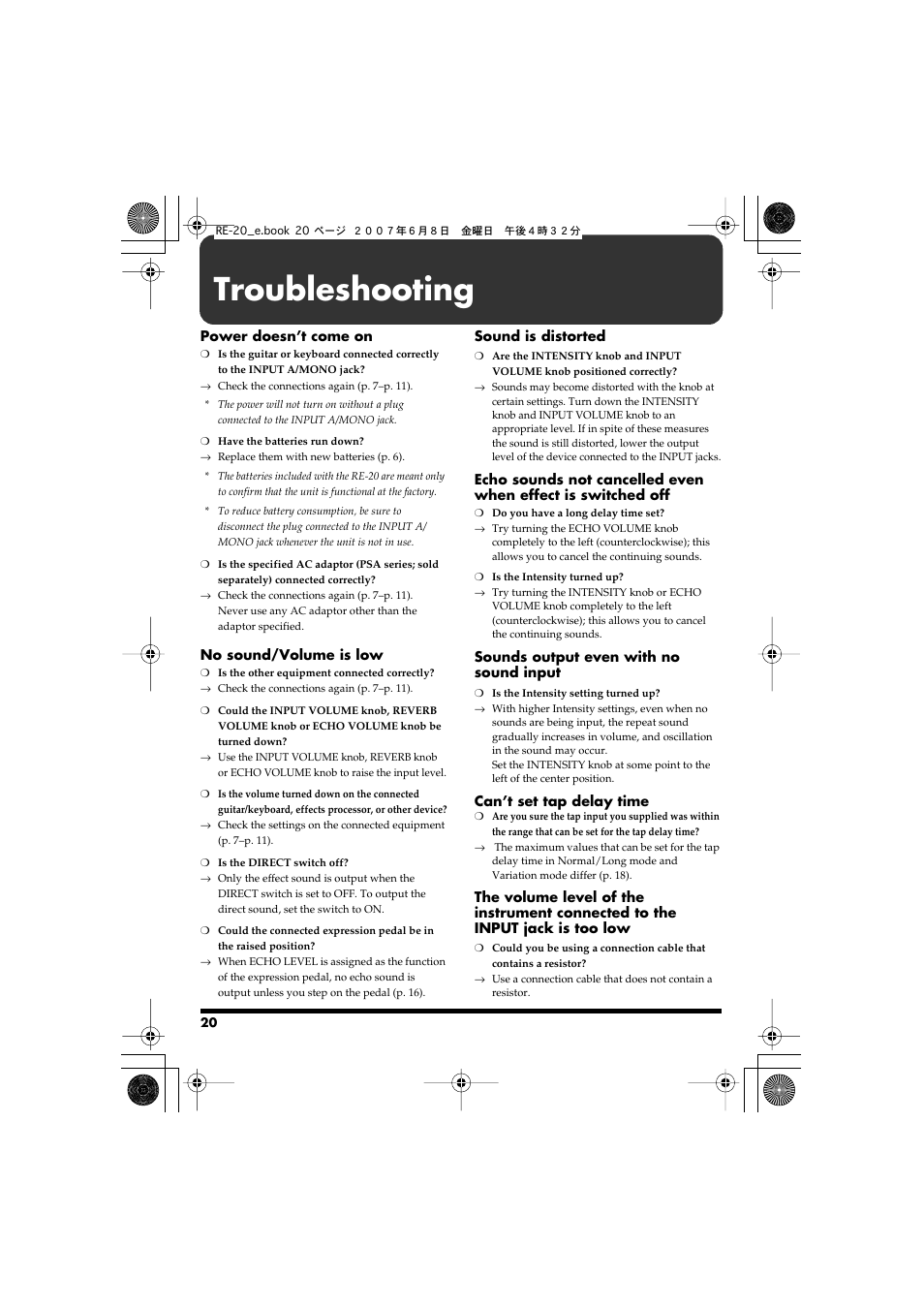 Troubleshooting | Roland RE-20 User Manual | Page 20 / 24