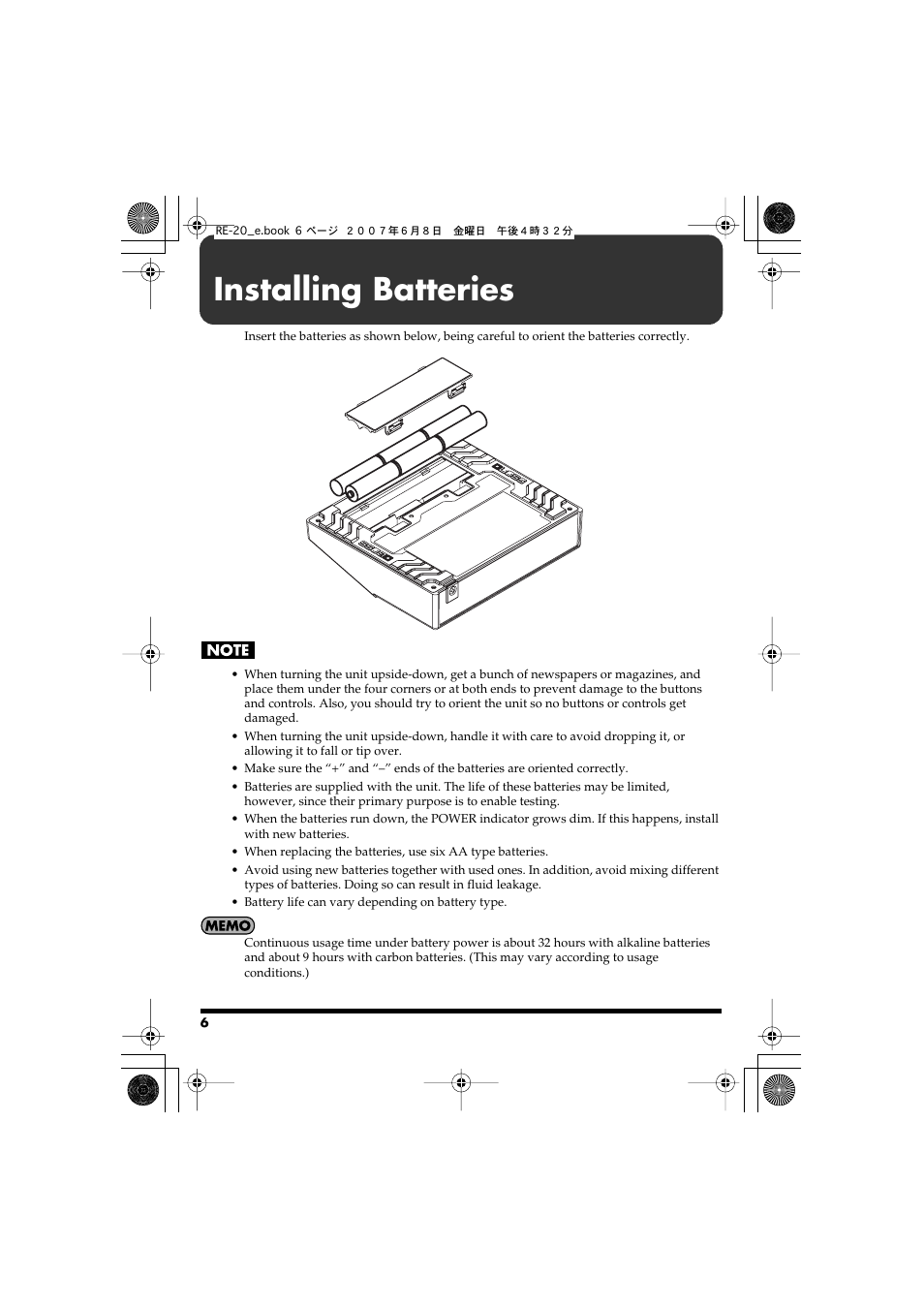 Installing batteries | Roland RE-20 User Manual | Page 6 / 24