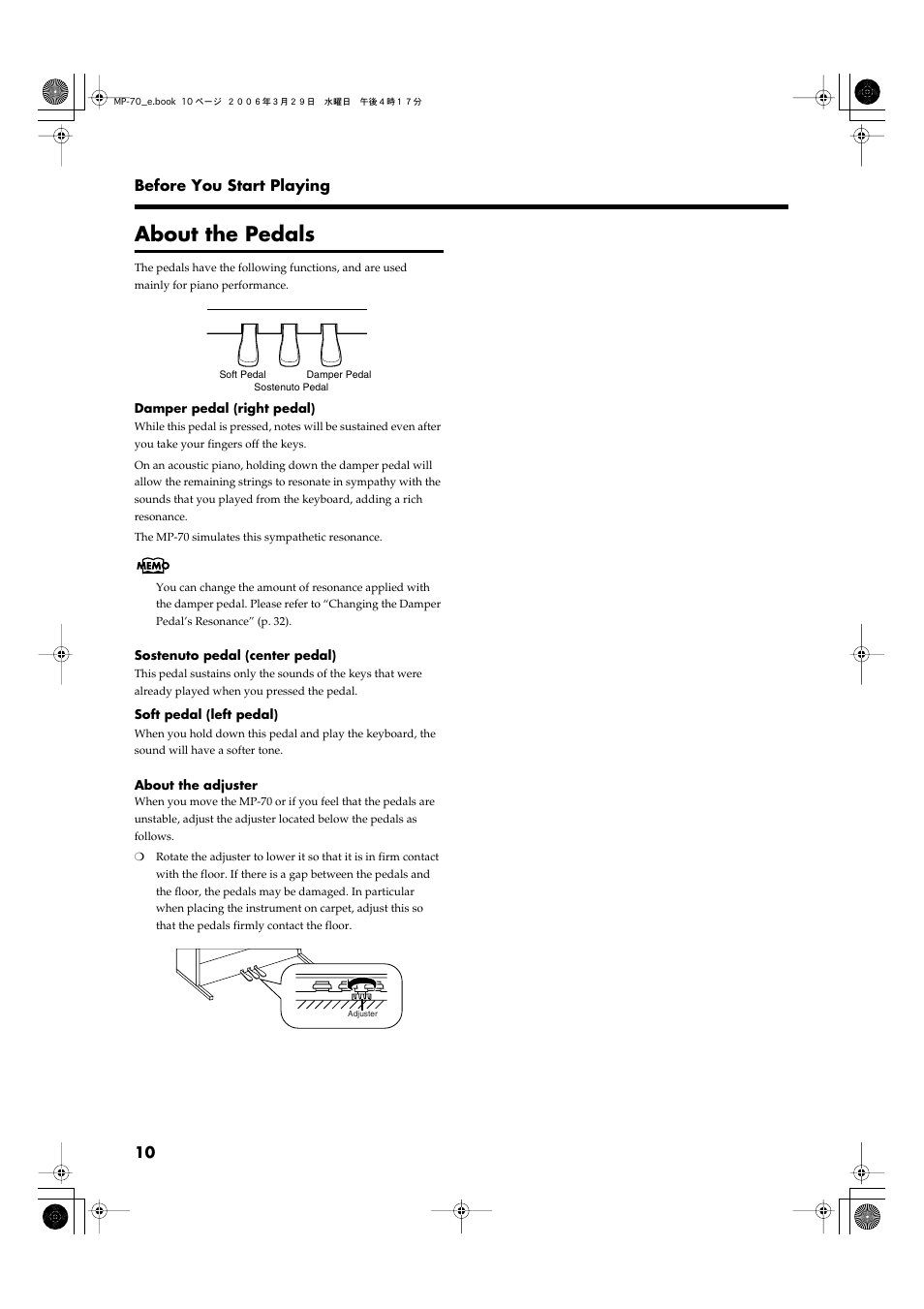 About the pedals, 10 before you start playing | Roland MP-70 User Manual | Page 10 / 52