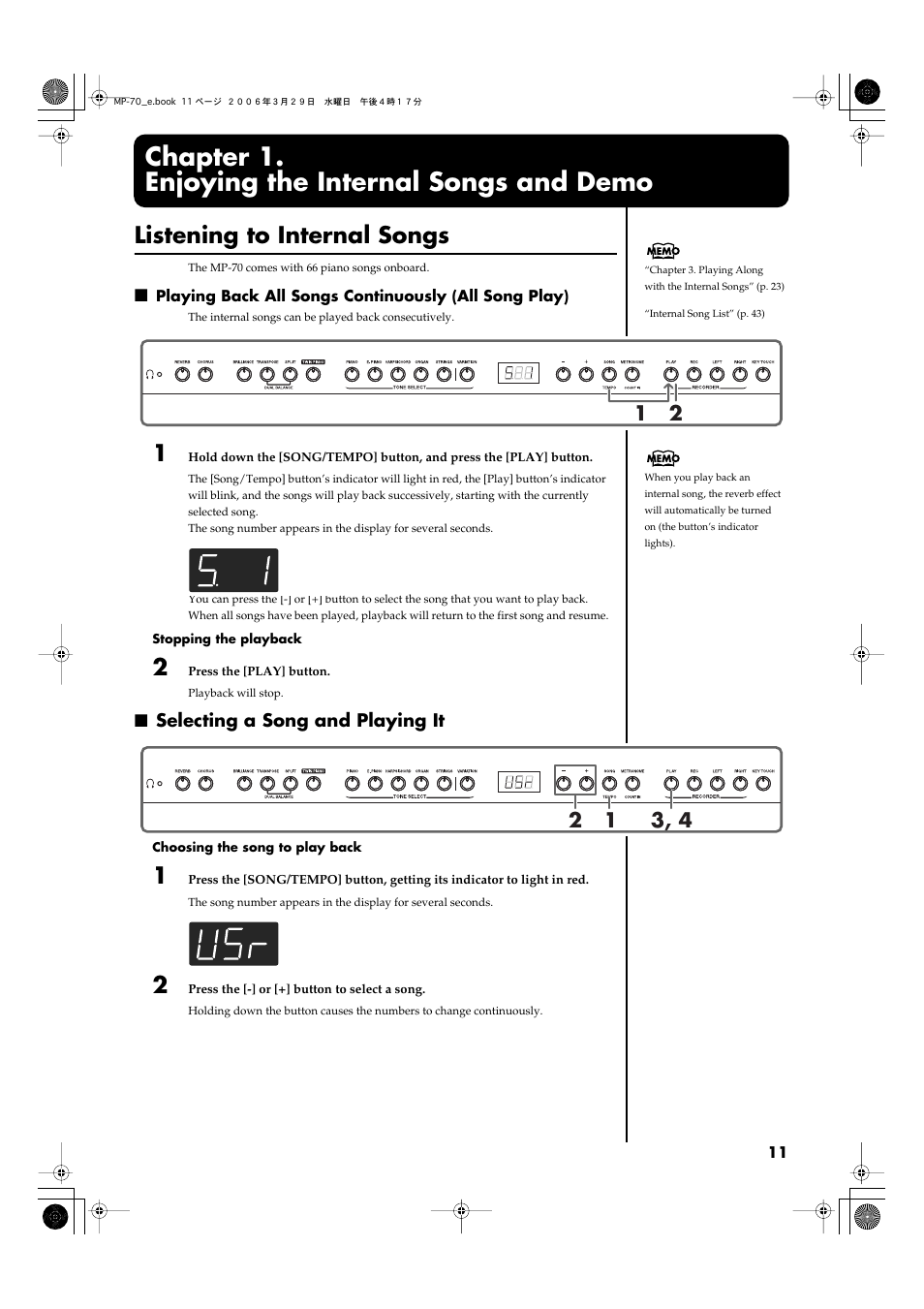 Chapter 1. enjoying the internal songs and demo, Listening to internal songs, Selecting a song and playing it | Performances (p. 11, p. 26) | Roland MP-70 User Manual | Page 11 / 52