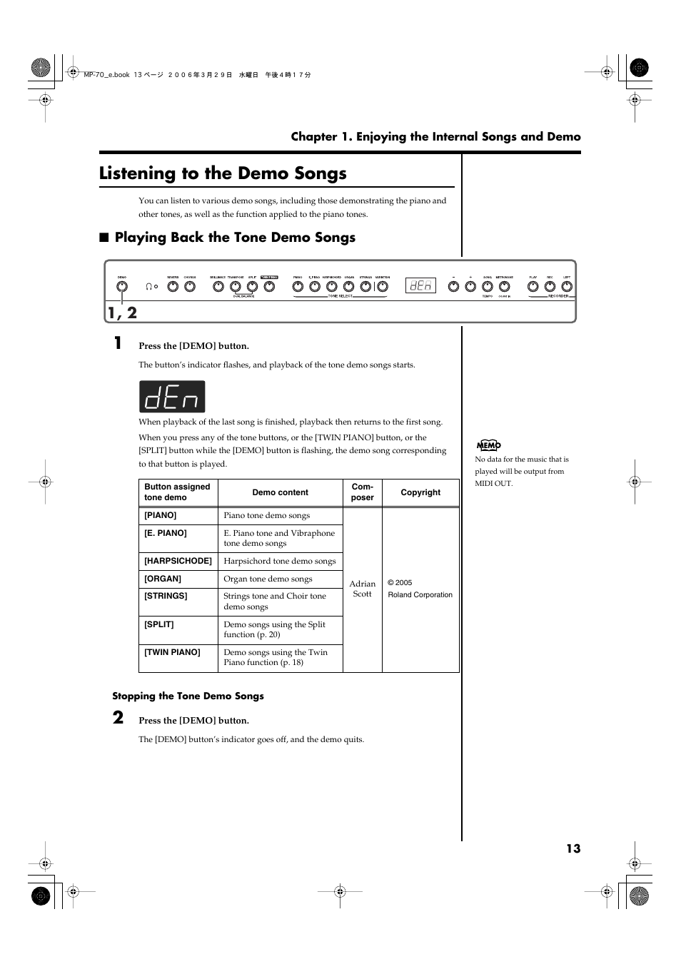 Listening to the demo songs, Playing back the tone demo songs | Roland MP-70 User Manual | Page 13 / 52
