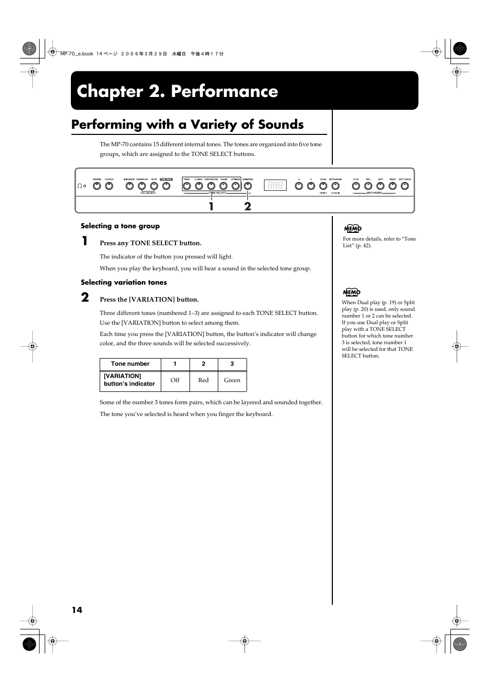 Chapter 2. performance, Performing with a variety of sounds, By the keyboard (p. 14) | Roland MP-70 User Manual | Page 14 / 52