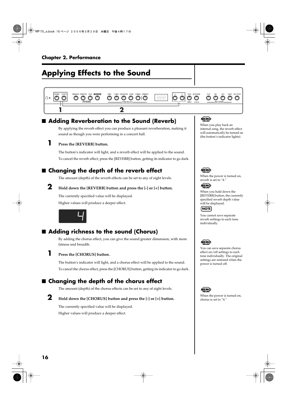 Applying effects to the sound, Adding reverberation to the sound (reverb), Changing the depth of the reverb effect | Adding richness to the sound (chorus), Changing the depth of the chorus effect, Adds reverberation to the sound (p. 16), Adds richness to the sound (p. 16) | Roland MP-70 User Manual | Page 16 / 52