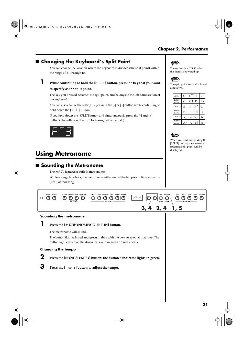 Changing the keyboard’s split point, Using metronome, Sounding the metronome | Roland MP-70 User Manual | Page 21 / 52