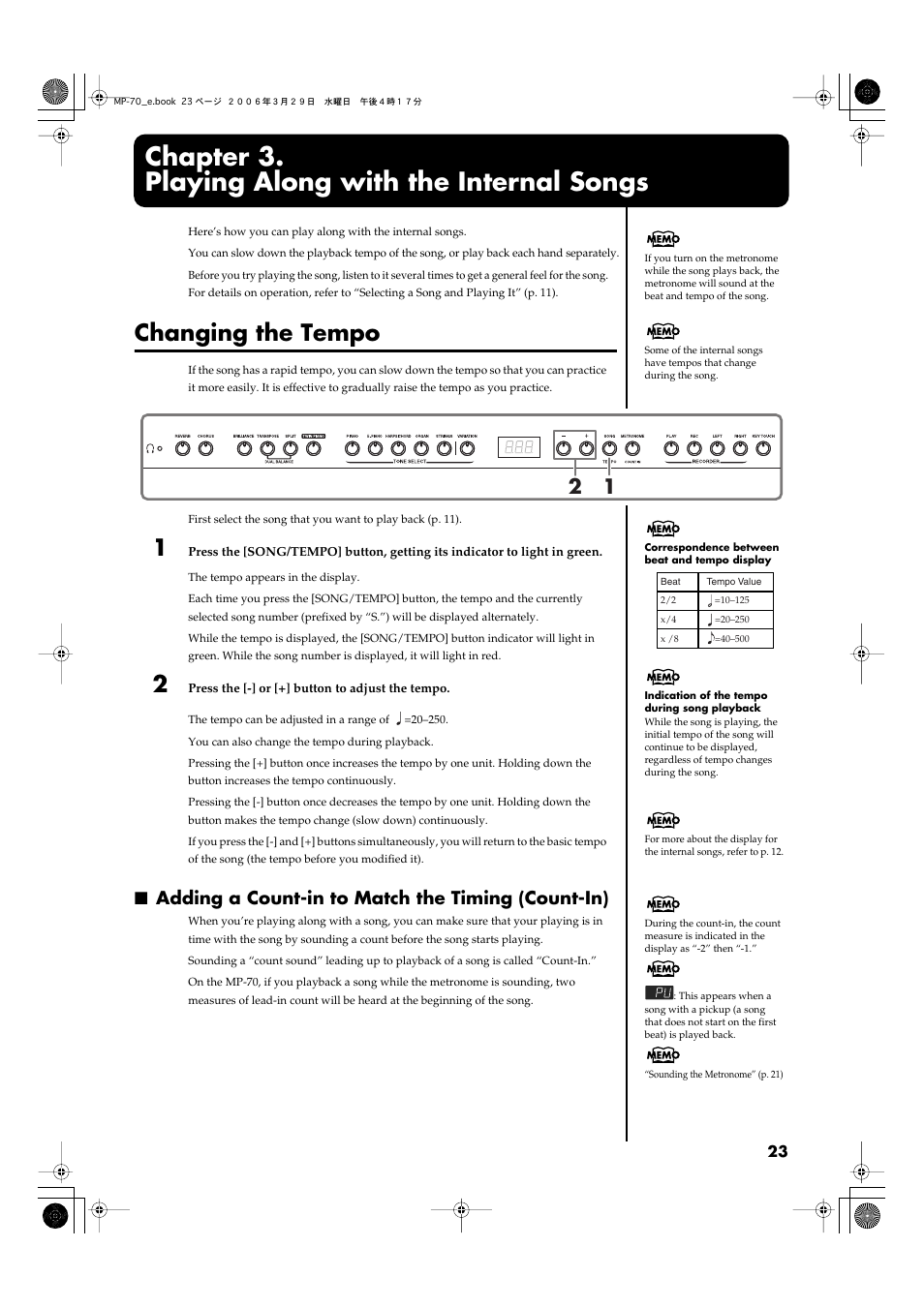 Chapter 3. playing along with the internal songs, Changing the tempo, Adding a count-in to match the timing (count-in) | Roland MP-70 User Manual | Page 23 / 52