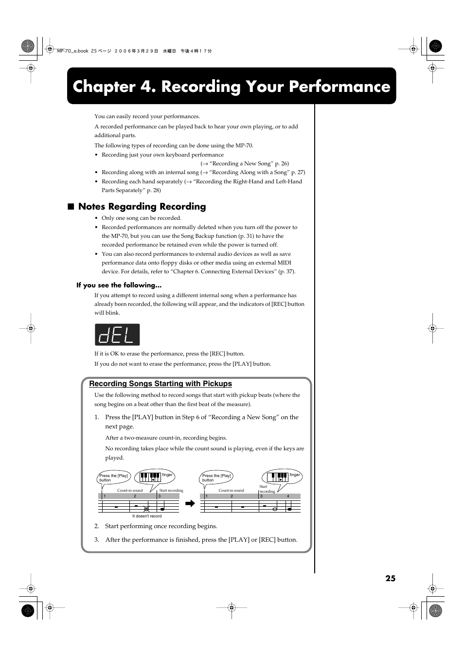 Chapter 4. recording your performance, Notes regarding recording, Recording songs starting with pickups | Roland MP-70 User Manual | Page 25 / 52