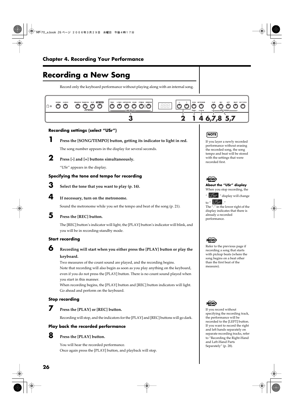 Recording a new song, Recording a new song” p. 26) | Roland MP-70 User Manual | Page 26 / 52