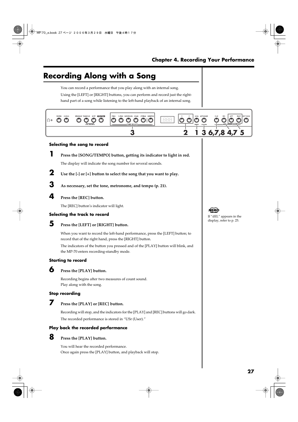 Recording along with a song, Recording along with a song” p. 27) | Roland MP-70 User Manual | Page 27 / 52