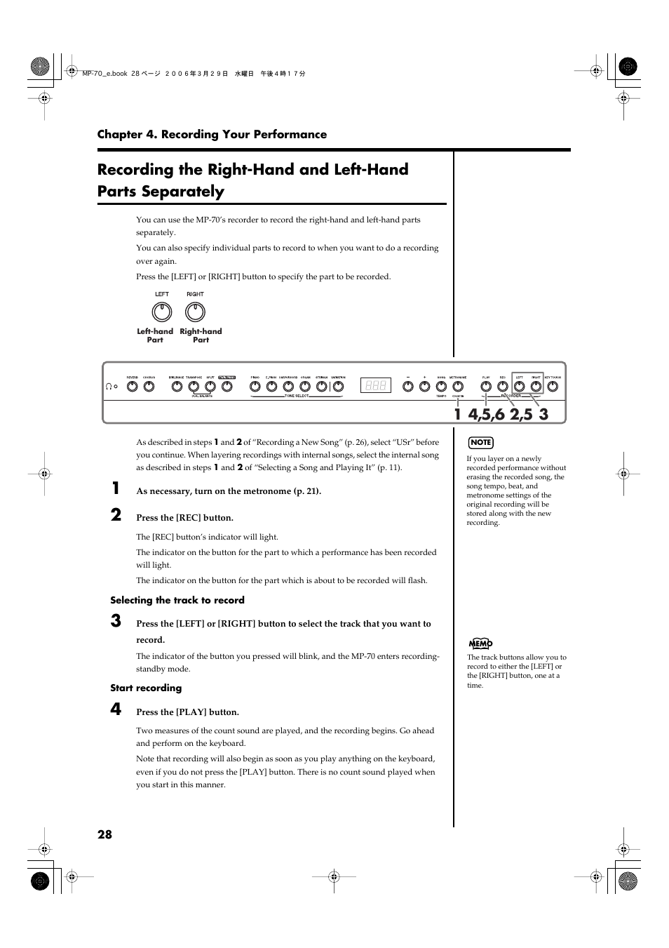 Recording the right-hand and left-hand, Parts separately” p. 28) | Roland MP-70 User Manual | Page 28 / 52