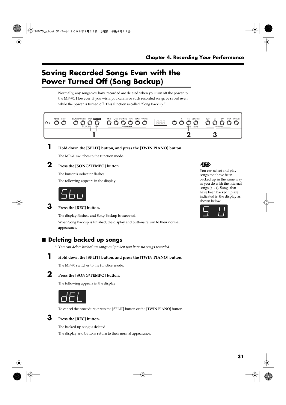 Deleting backed up songs | Roland MP-70 User Manual | Page 31 / 52