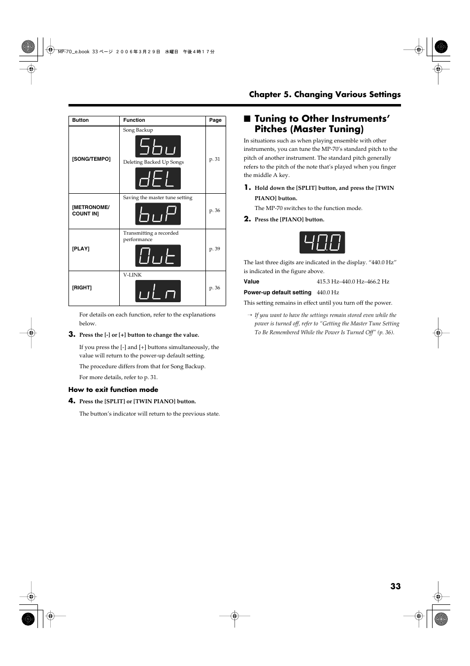 P. 33, 33 chapter 5. changing various settings | Roland MP-70 User Manual | Page 33 / 52