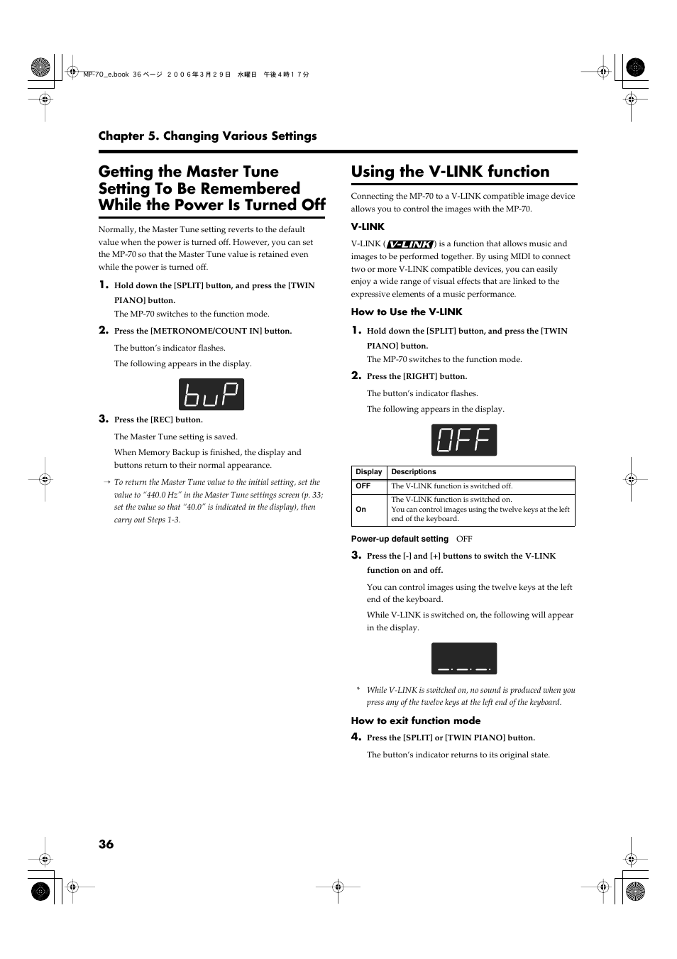 Using the v-link function, P. 36 | Roland MP-70 User Manual | Page 36 / 52