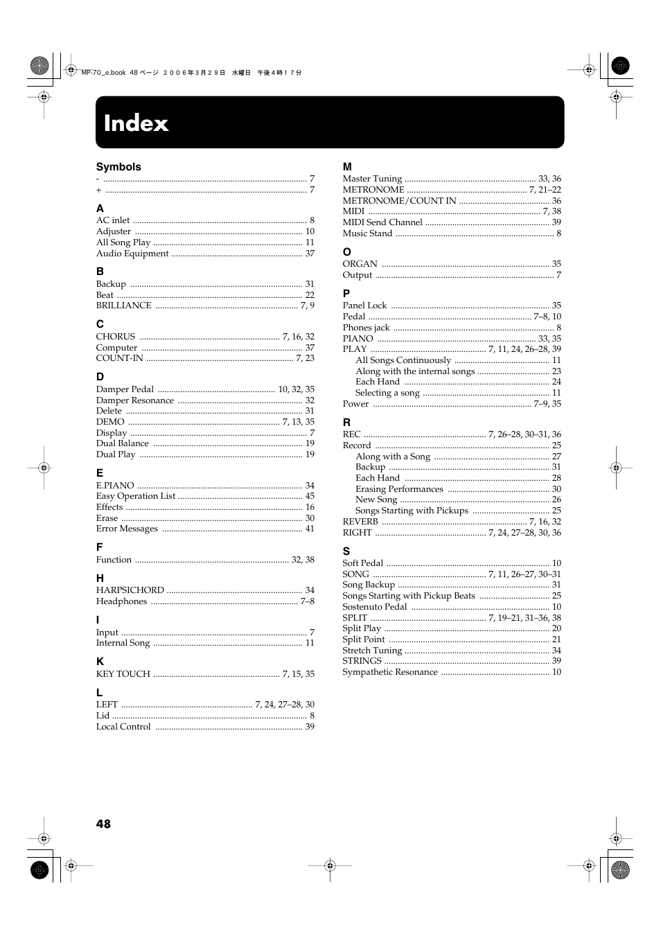 Index | Roland MP-70 User Manual | Page 48 / 52