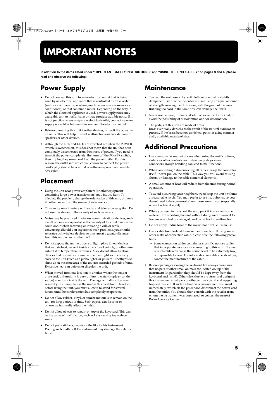 Important notes, Power supply, Placement | Maintenance, Additional precautions | Roland MP-70 User Manual | Page 5 / 52