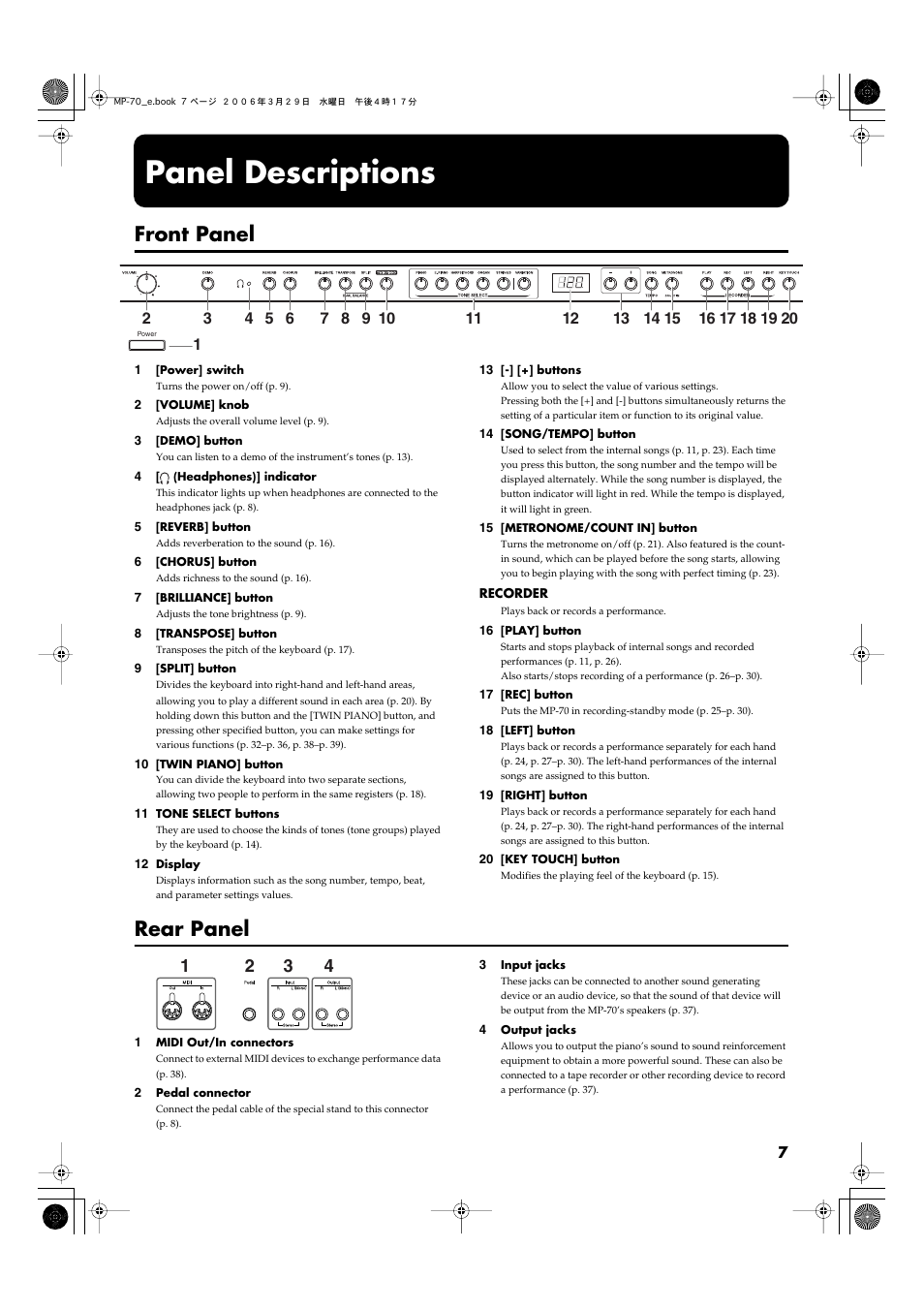 Panel descriptions, Front panel, Rear panel | Front panel rear panel | Roland MP-70 User Manual | Page 7 / 52