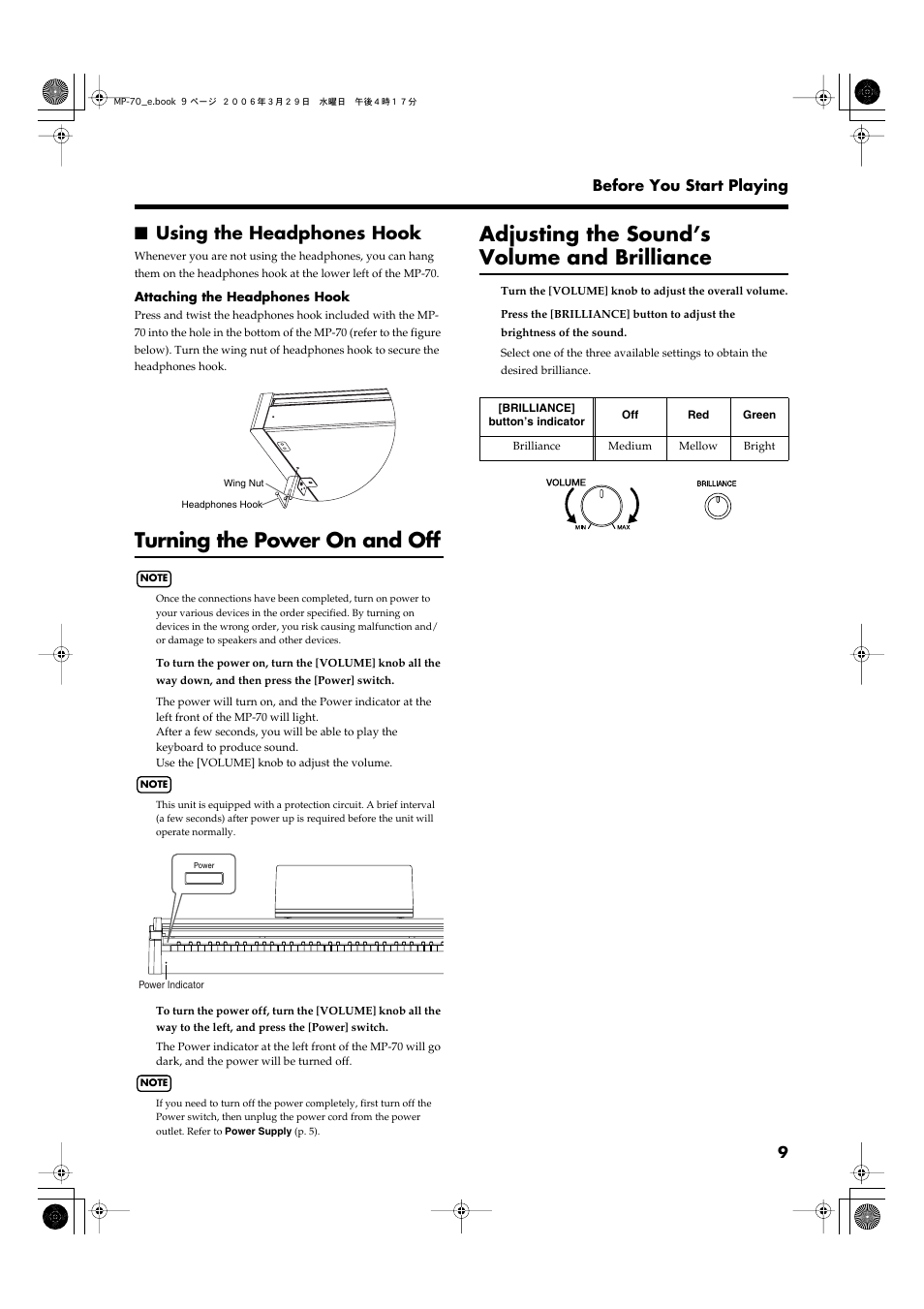 Using the headphones hook, Turning the power on and off, Adjusting the sound’s volume and brilliance | Turns the power on/off (p. 9), Adjusts the overall volume level (p. 9), Adjusts the tone brightness (p. 9) | Roland MP-70 User Manual | Page 9 / 52