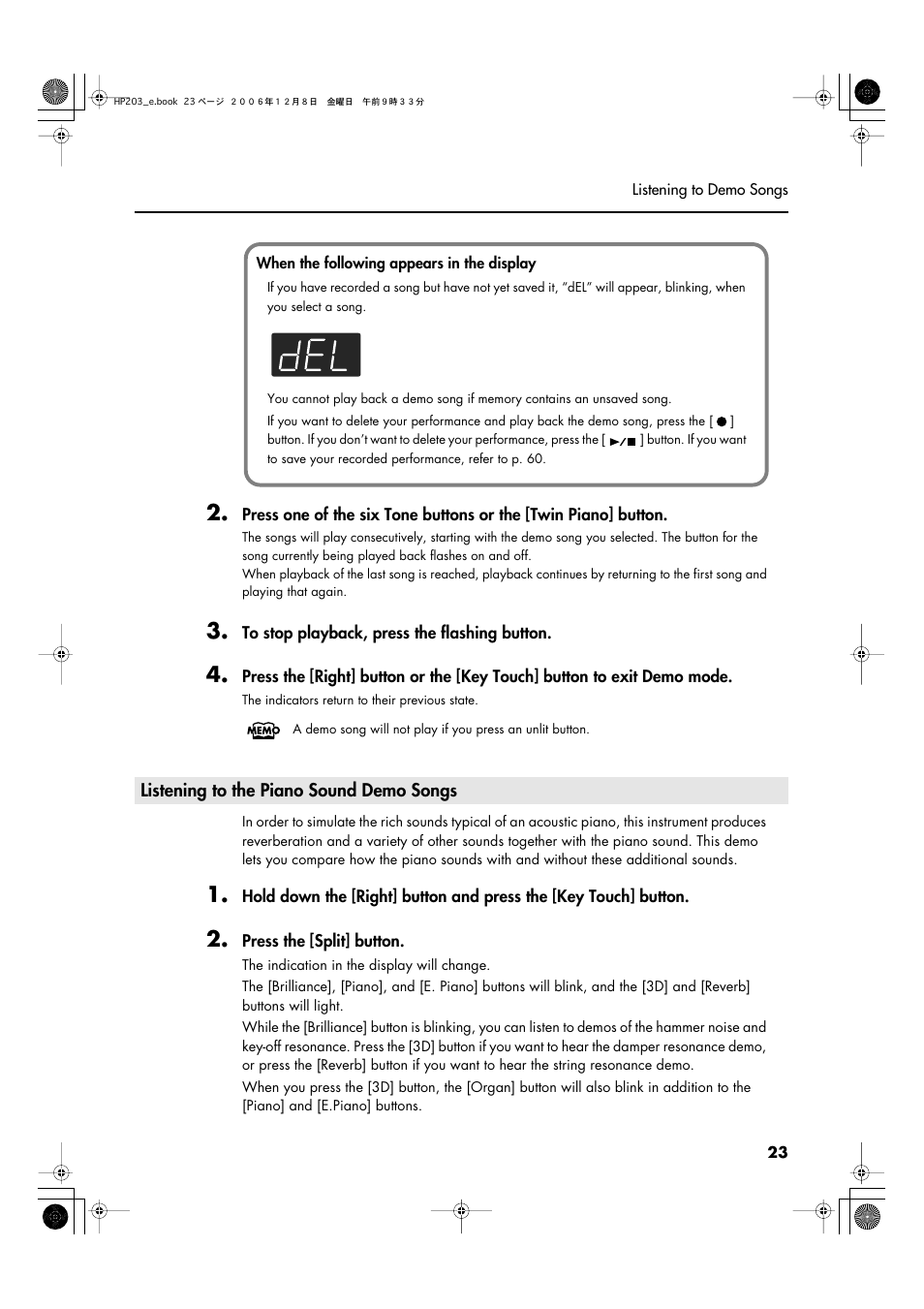 Listening to the piano sound demo songs | Roland HP-203 User Manual | Page 25 / 108