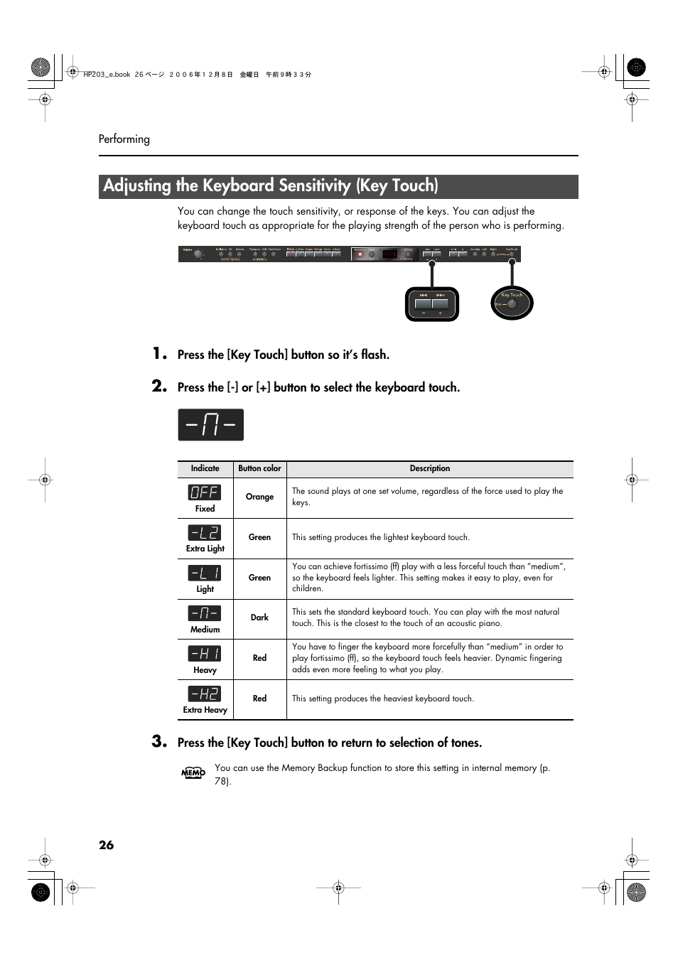 Adjusting the keyboard sensitivity (key touch), P. 26), Press the [key touch] button so it’s flash | Roland HP-203 User Manual | Page 28 / 108