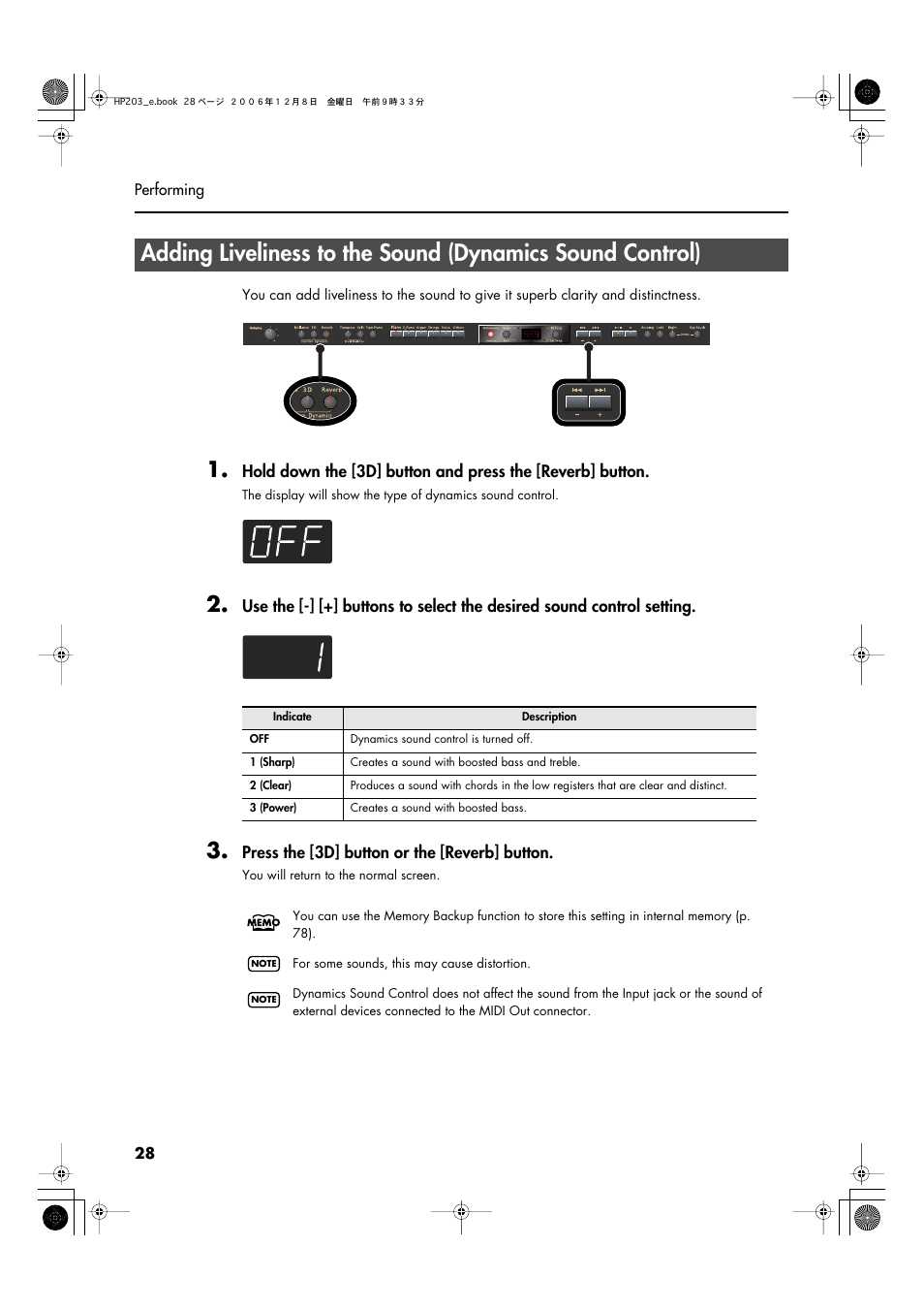 More expressive (p. 28), Press the [3d] button or the [reverb] button | Roland HP-203 User Manual | Page 30 / 108