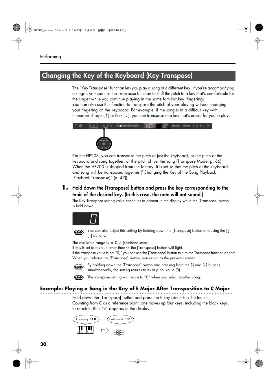 Changing the key of the keyboard (key transpose), Transposes the keyboard and/or song (p. 30) | Roland HP-203 User Manual | Page 32 / 108