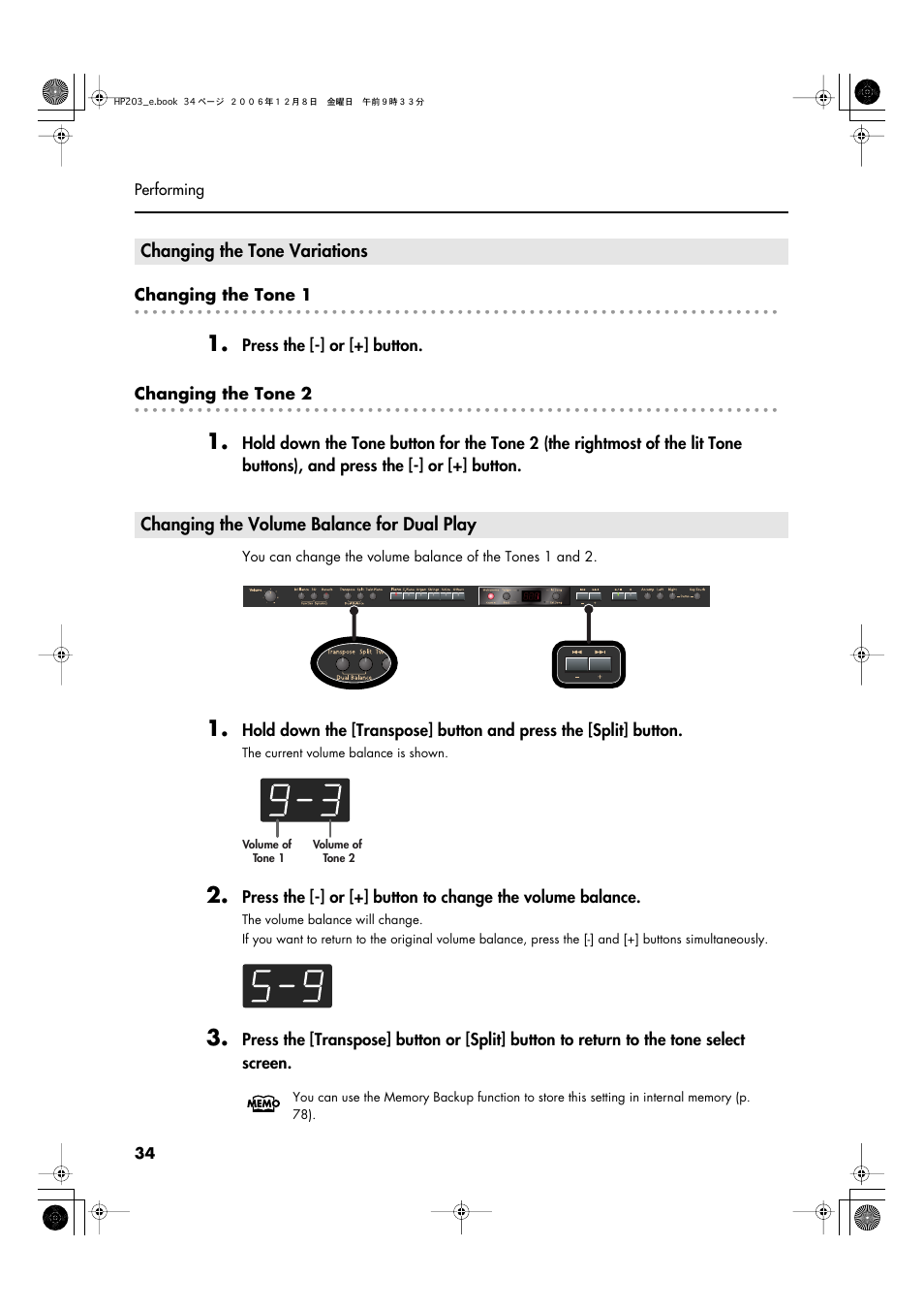 Changing the tone variations, Changing the volume balance for dual play, Two sounds when using dual performance (p. 34) | Roland HP-203 User Manual | Page 36 / 108