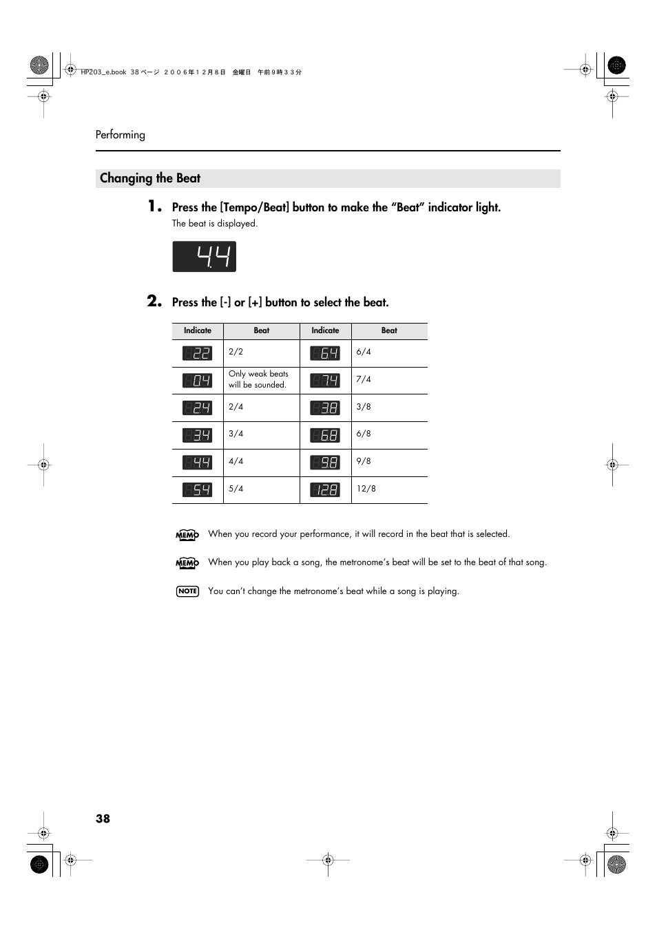 Changing the beat, Press the [-] or [+] button to select the beat | Roland HP-203 User Manual | Page 40 / 108