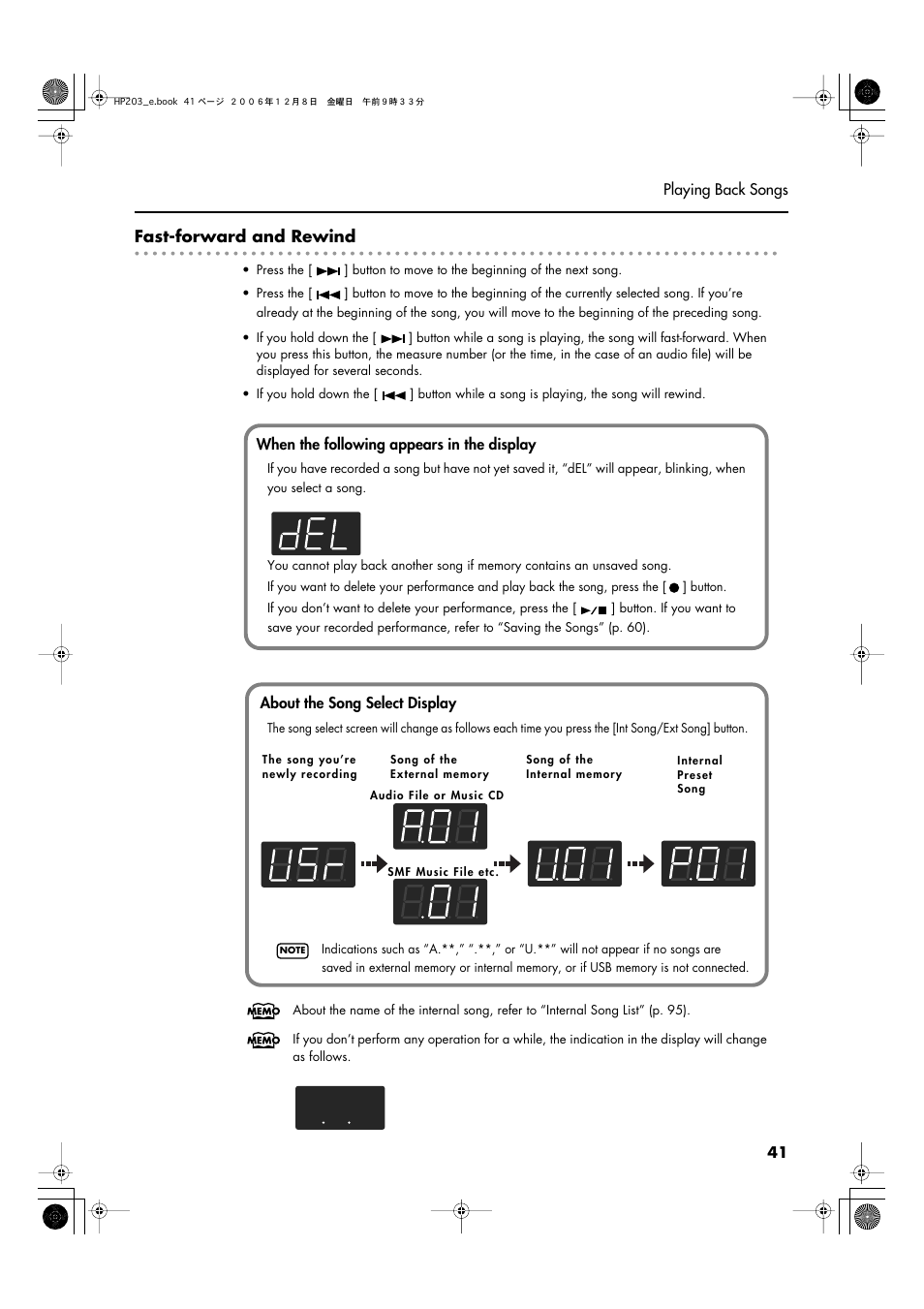 Song will be rewound (p. 41), Song will be fast-forwarded (p. 41), Fast-forward and rewind | Roland HP-203 User Manual | Page 43 / 108