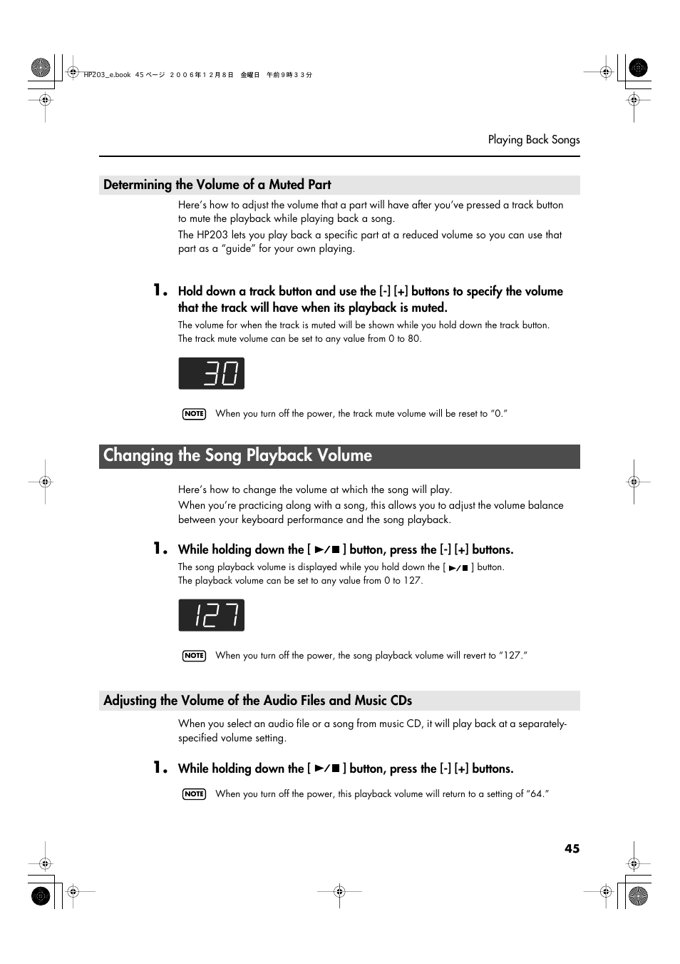 Determining the volume of a muted part, Changing the song playback volume | Roland HP-203 User Manual | Page 47 / 108