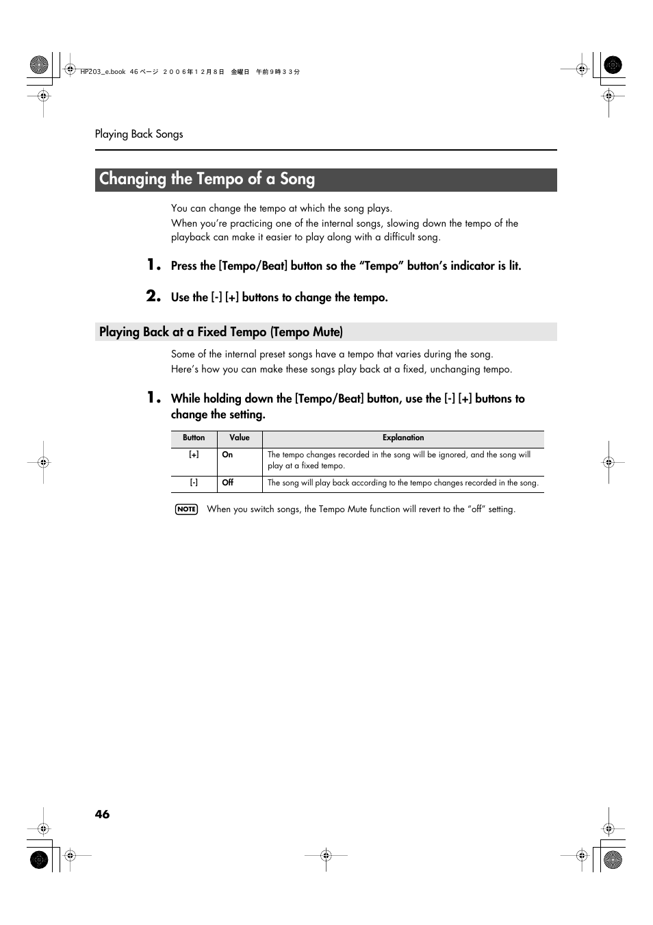 Changing the tempo of a song, Playing back at a fixed tempo (tempo mute), Tempo change (p. 46) | Roland HP-203 User Manual | Page 48 / 108