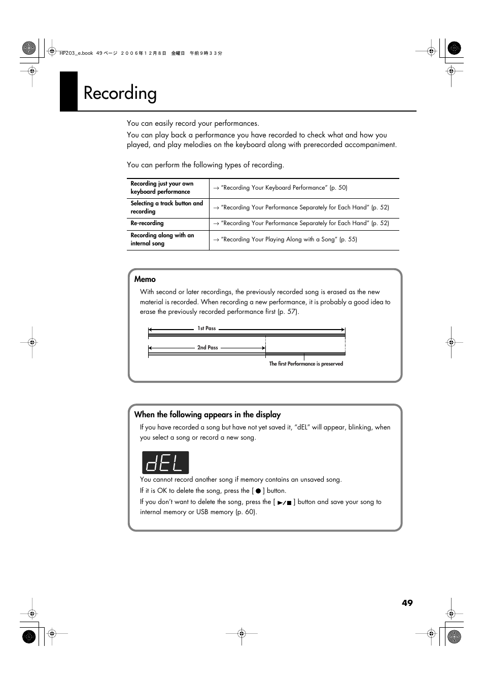 Recording, Performance (p. 49), Hp203 (p. 49) | Recording (p. 49) | Roland HP-203 User Manual | Page 51 / 108