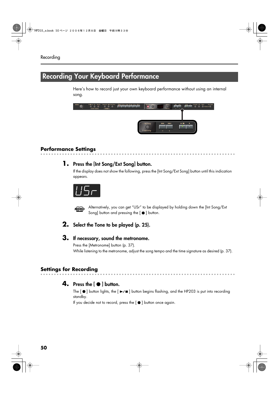 Recording your keyboard performance, Recording your keyboard performance” (p. 50) | Roland HP-203 User Manual | Page 52 / 108