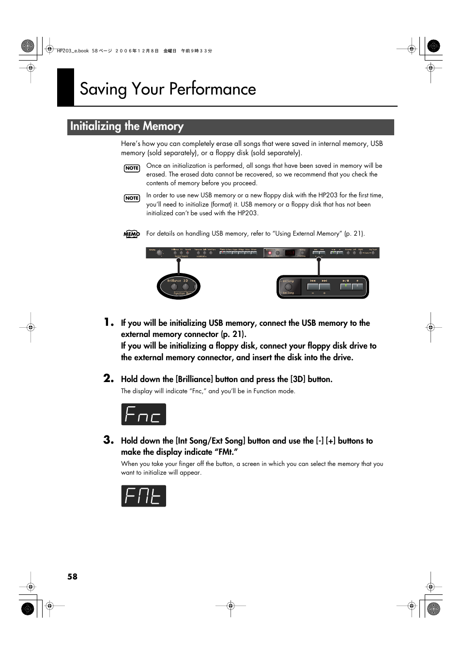 Saving your performance, Initializing the memory | Roland HP-203 User Manual | Page 60 / 108