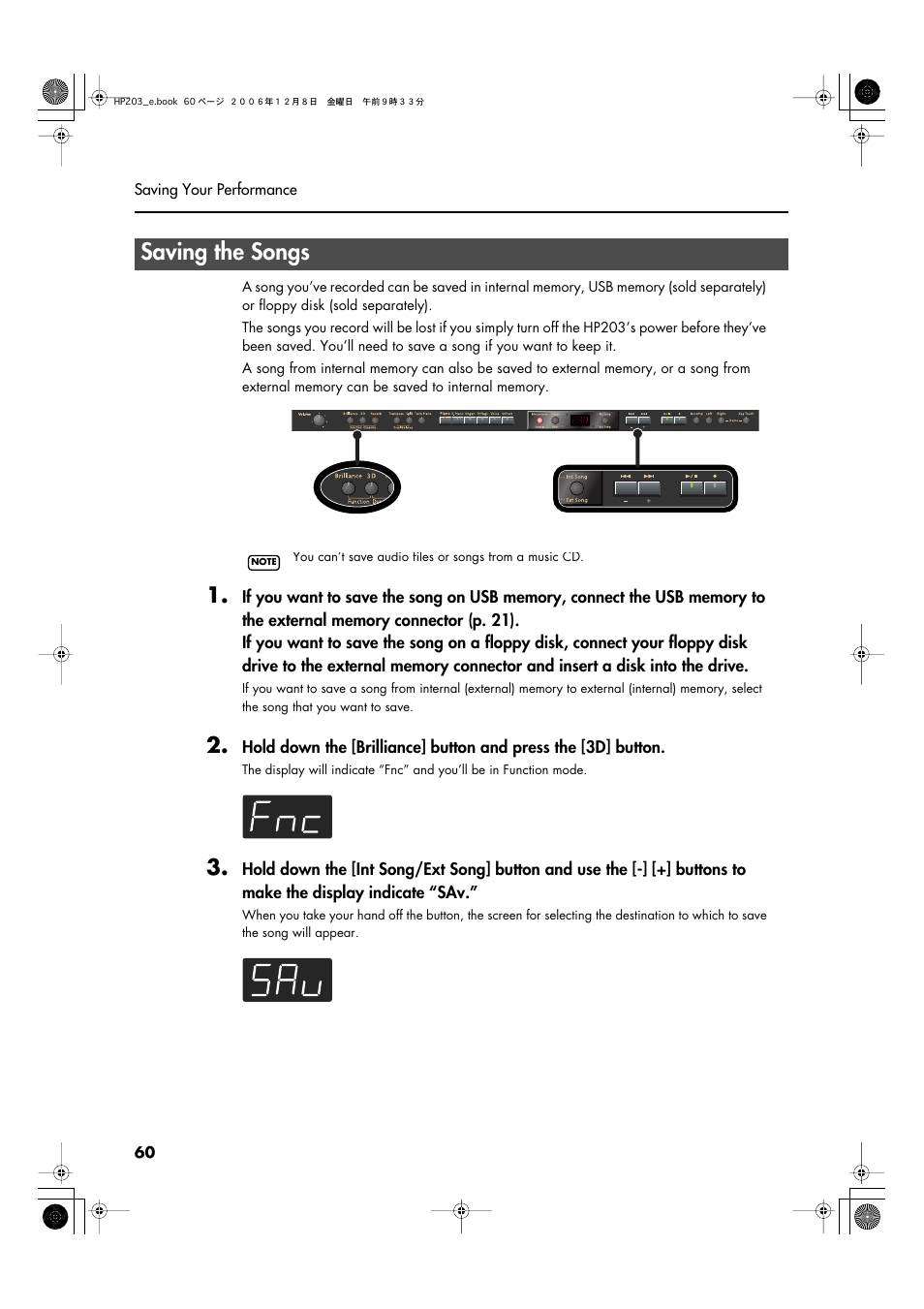 Saving the songs, Recorded on the hp203 (p. 60), Internal memory or usb memory (p. 60) | Roland HP-203 User Manual | Page 62 / 108