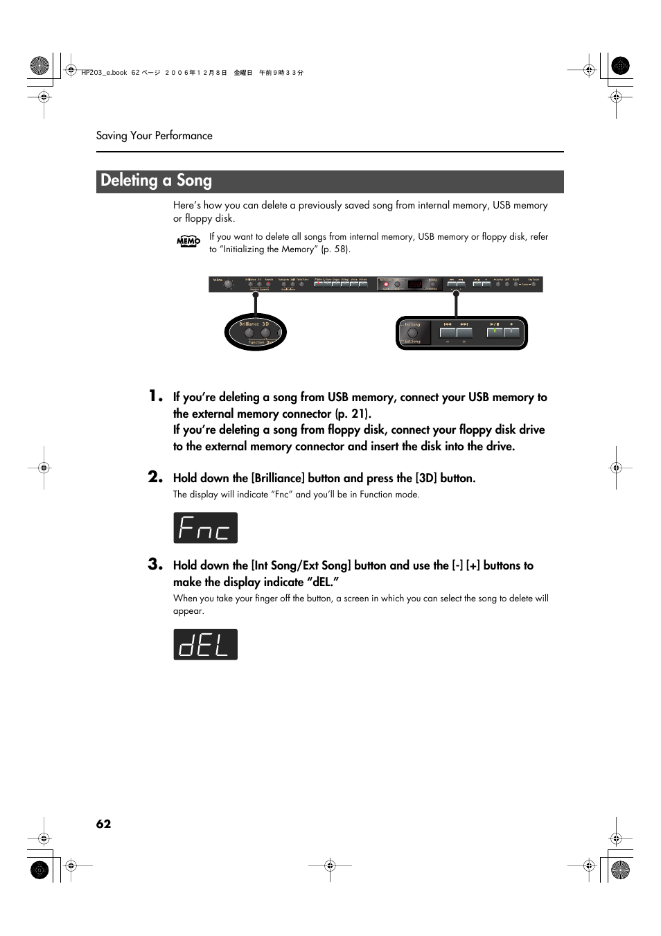 Deleting a song | Roland HP-203 User Manual | Page 64 / 108