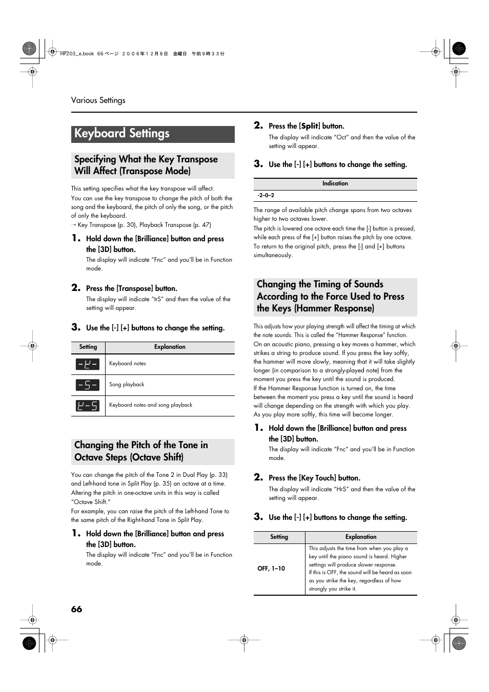 Keyboard settings, P. 66 | Roland HP-203 User Manual | Page 68 / 108