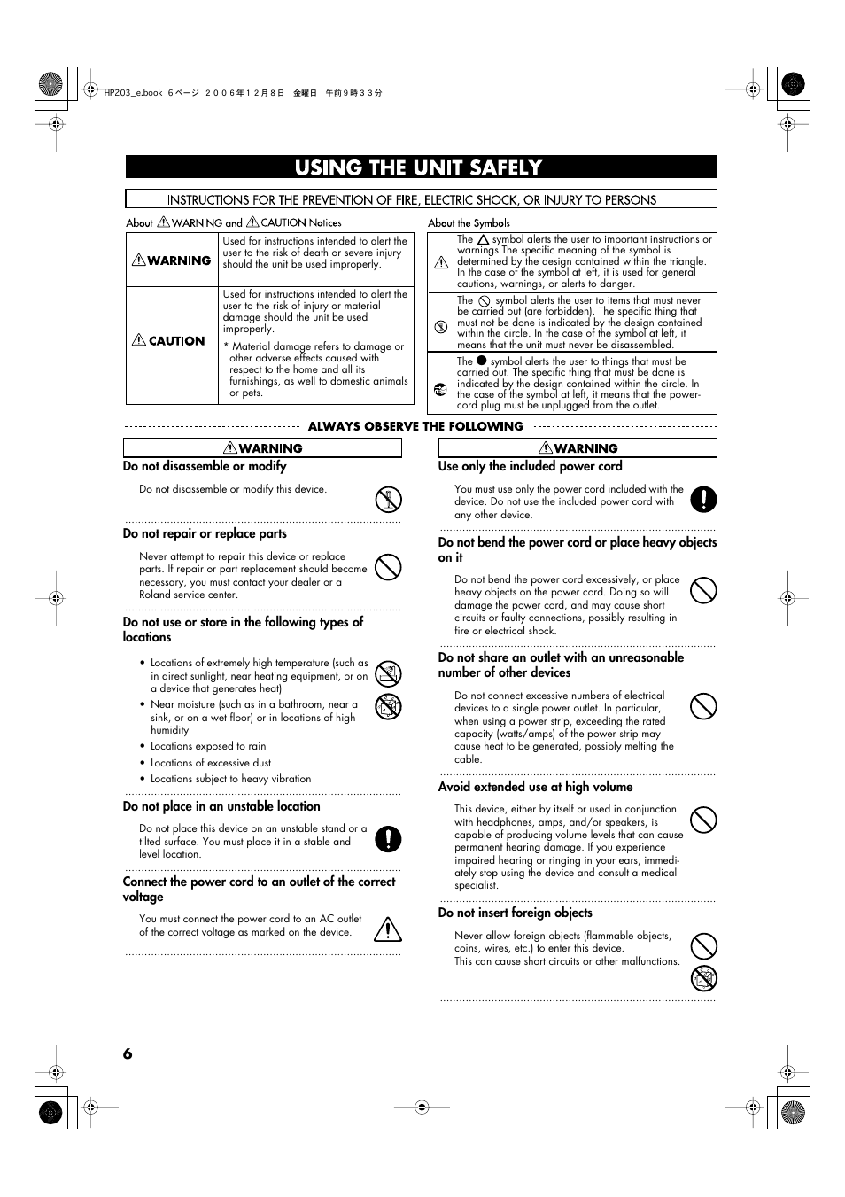 Using the unit safely | Roland HP-203 User Manual | Page 8 / 108