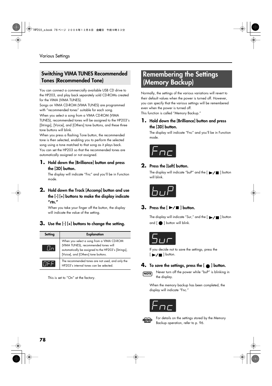 Remembering the settings (memory backup), Backup procedure (p. 78) to save the settings, P. 78 | Roland HP-203 User Manual | Page 80 / 108