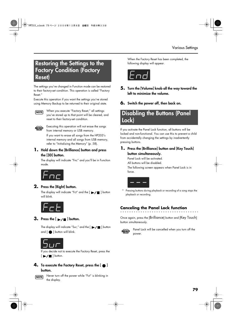 Disabling the buttons (panel lock), P. 79 | Roland HP-203 User Manual | Page 81 / 108