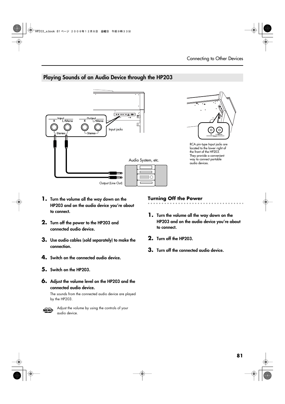 Device through the hp203’s speakers (p. 81) | Roland HP-203 User Manual | Page 83 / 108