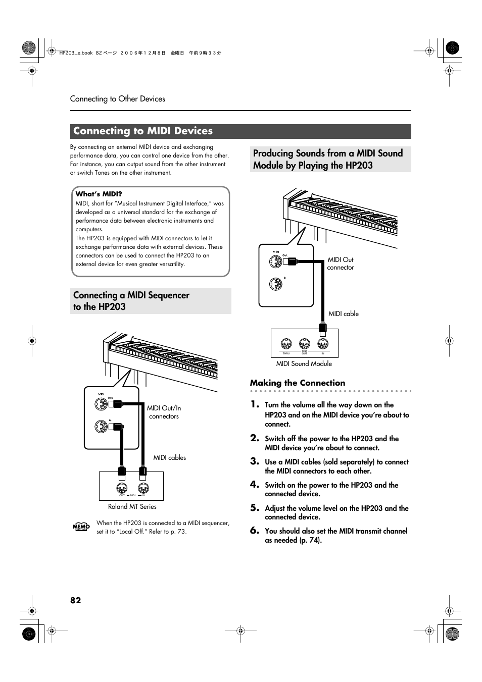 Connecting to midi devices, Connecting a midi sequencer to the hp203, Transfer performance data (p. 82) | Roland HP-203 User Manual | Page 84 / 108