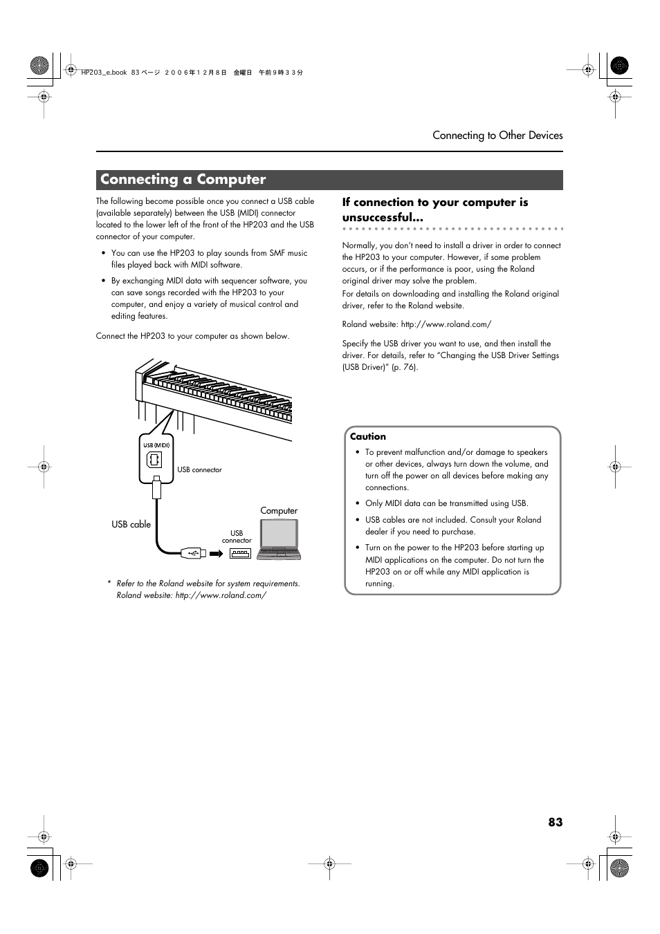 Connecting a computer, Performance data (p. 83) | Roland HP-203 User Manual | Page 85 / 108