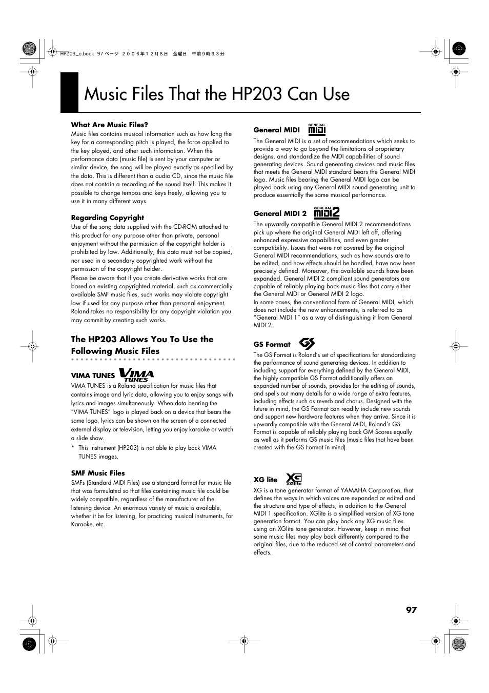 Music files that the hp203 can use | Roland HP-203 User Manual | Page 99 / 108