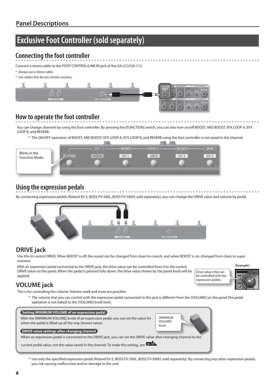 Exclusive foot controller (sold separately), Panel descriptions, Drive jack | Volume jack | Roland GA-212 User Manual | Page 10 / 92